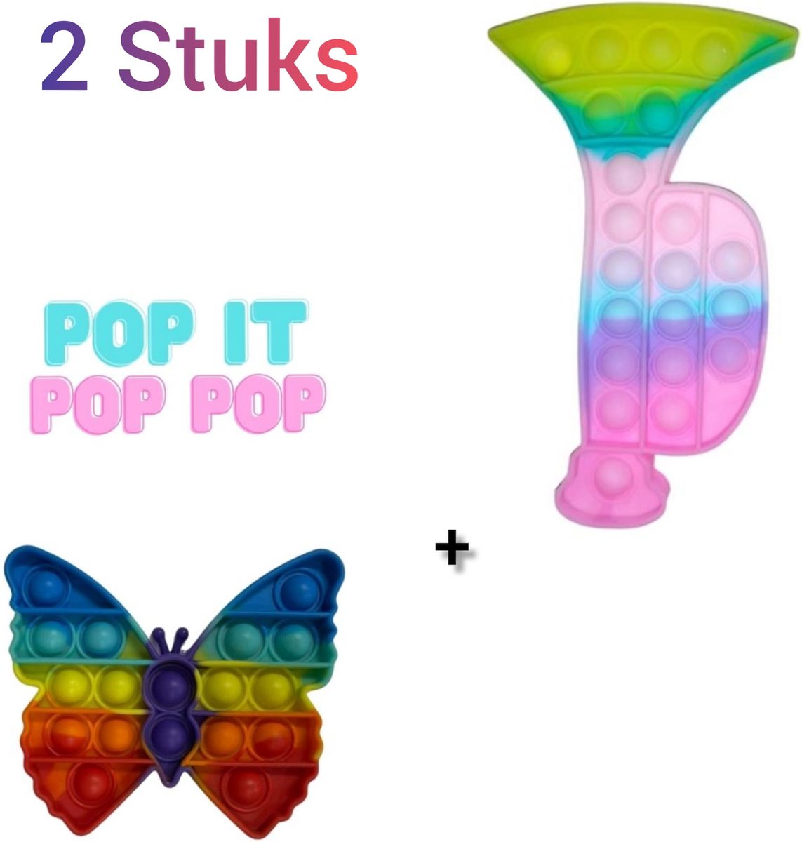 Fidget toys Set | 2 stuks Pop it Regenboog Multi Color | Vlinder + Trompet | Anti stress 2021 | Van Tik Tok | Meisjes jongens volwassenen | Verjaardag of Kerst cadeautip